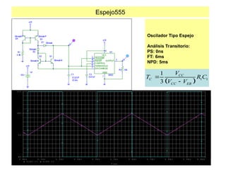 Espejo555
Oscilador Tipo Espejo
Análisis Transitorio:
PS: 0ns
FT: 6ms
NPD: 5ms
T i m e
5 . 0 m s 5 . 1 m s 5 . 2 m s 5 . 3 m s 5 . 4 m s 5 . 5 m s 5 . 6 m s 5 . 7 m s 5 . 8 m s 5 . 9 m s 6 . 0 m s
V ( Q 1 : c ) V ( R 3 : 1 )
0 V
5 V
1 0 V
1 5 V
  1 1
1
3
CC
C
CC EB
V
T R C
V V


 