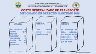 REPÚBLICA BOLIVARIANA DE VENEZUELA
UNIVERSIDAD NACIONAL EXPERIMENTAL MARÍTIMA DEL CARIBE
ESCUELA DE ESTUDIOS SUPERIORES DE LA MARINA MERCANTE
COSTO GENERALIZADO DE TRANSPORTE
COSTO
En términos de
dinero que
implica
movilizar la
mercancía a
través de un
puerto en
particular.
•TIEMPO
Que puede
tomar esa
movilización.
RIESGO
En términos de
daño, retardo,
etc. al que están
expuestas las
mercaderías de
que se trate.
Material académico del Prof. José Sabatino P.
 