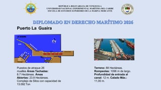 REPÚBLICA BOLIVARIANA DE VENEZUELA
UNIVERSIDAD NACIONAL EXPERIMENTAL MARÍTIMA DEL CARIBE
ESCUELA DE ESTUDIOS SUPERIORES DE LA MARINA MERCANTE
Puerto La Guaira
Puestos de atraque 26
muelles Áreas Techadas:
8.7 Hectáreas. Áreas
Abiertas: 23.8 Hectáreas.
Complejo de Silos con capacidad de
13.092 Ton
Terreno: 88 Hectáreas.
Rompeolas: 1096 m de largo.
Profundidad de entrada al
canal: 12 m. Calado Máx.:
11,00 m.
 