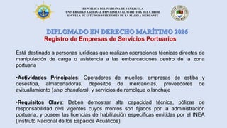 REPÚBLICA BOLIVARIANA DE VENEZUELA
UNIVERSIDAD NACIONAL EXPERIMENTAL MARÍTIMA DEL CARIBE
ESCUELA DE ESTUDIOS SUPERIORES DE LA MARINA MERCANTE
Registro de Empresas de Servicios Portuarios
Está destinado a personas jurídicas que realizan operaciones técnicas directas de
manipulación de carga o asistencia a las embarcaciones dentro de la zona
portuaria
•Actividades Principales: Operadores de muelles, empresas de estiba y
desestiba, almacenadoras, depósitos de mercancías, proveedores de
avituallamiento (ship chandlers), y servicios de remolque o lanchaje
•Requisitos Clave: Deben demostrar alta capacidad técnica, pólizas de
responsabilidad civil vigentes cuyos montos son fijados por la administración
portuaria, y poseer las licencias de habilitación específicas emitidas por el INEA
(Instituto Nacional de los Espacios Acuáticos)
 