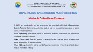 REPÚBLICA BOLIVARIANA DE VENEZUELA
UNIVERSIDAD NACIONAL EXPERIMENTAL MARÍTIMA DEL CARIBE
ESCUELA DE ESTUDIOS SUPERIORES DE LA MARINA MERCANTE
Niveles de Protección en Venezuela
El INEA, en coordinación con los organismos de seguridad del Estado (Guardacostas,
Guardia Nacional Bolivariana), determina cuál de los tres niveles internacionales se activa
en los puertos nacionales:
•Nivel 1 (Normal): Nivel basal donde se mantienen de forma permanente las medidas de
protección mínimas operativas
•Nivel 2 (Reforzado): Se aplica ante un incremento del riesgo de que ocurra un suceso que
afecte la seguridad de las operaciones
•Nivel 3 (Excepcional): Se activa cuando hay una probabilidad inminente o concreta de un
ataque, atentado o sabotaje
 