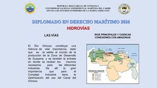 REPÚBLICA BOLIVARIANA DE VENEZUELA
UNIVERSIDAD NACIONAL EXPERIMENTAL MARÍTIMA DEL CARIBE
ESCUELA DE ESTUDIOS SUPERIORES DE LA MARINA MERCANTE
LASVÍAS RIOS PRINCIPALES Y CUENCAS
CONEXIONES CON AMAZONAS
El Río Orinoco constituye una
hidrovía de vital importancia, dado
que es la salida al mundo de la
producción de la Zona de Desarrollo
de Guayana, y es también la entrada
en donde se reciben los insumos
necesarios para las diferentes
Industrias. De allí la gran
importancia que para el
Complejo Industrial tiene la
Optimización del uso del Canal del
Orinoco
HIDROVÍAS
 