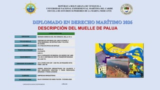 REPÚBLICA BOLIVARIANA DE VENEZUELA
UNIVERSIDAD NACIONAL EXPERIMENTAL MARÍTIMA DEL CARIBE
ESCUELA DE ESTUDIOS SUPERIORES DE LA MARINA MERCANTE
DESCRIPCIÓN DEL MUELLE DE PALUA
CARACTERÍSTICAS
UBICACION
TIPO DE MUELLE
CALADO
PUESTO DE ATRAQUE
EQUIPAMIENTO
MARGEN DERECHA DEL RIO ORINOCO, MILLA 181.4
DISPONE DE DOS MUELLES: UNO FLOTANTE Y
OTRO MARGINAL DE ESTRUCTURA Y PILOTES
DE ACERO
MUELLE
FLOTANTE:
UNO (1)
MUELLE
MARGINAL:
UNO (1)
37.0 PIES EN EPOCA DE ESTIAJE
UN (1) CARGADOR DE MINERAL DE HIERRO CAP. 4000
T/H, UN (1) SISTEMA DE CINTAS TRANSPORTADORAS
CAPACIDAD DE ALMACEN
TIPO DE CARGA
CLIENTES
SITUACION LEGAL
DE 2.500 T/H
UN (1) PATIO CON CAP. 1.000 TM, UN PEQUEÑO SITIO
PARA 1.000 TM
HIERRO REDUCIDO BRIQUETEADO EN CALIENTE Y
SUS DERIVADOS (VIRUTAS) Y FINOS REDUCIDOS,
GRUESOS Y FINOS LAVADOS
EMPRESAS BRIQUETERAS
BAJO CONVENIO DE HABILITACION CVG/INEA 2003
CARGAMOVILIZADA(TM) PROMEDIO 1.800.000
 