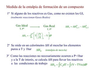 Medida de la entalpía de formación de un compuesto
1º Si alguno de los reactivos es Gas, como no existen los GI,
(realmente reaccionan Gases Reales)
Gas Ideal
T, P0
Gas Real
T, P0
re,T id,T
H H H
    
0 0
1
P
P
V
H T V dP
T
 

 
   
 
 

 
 

0
1 0
2º Se mide en un calorímetro H al mezclar los elementos
puros a T y 1bar H
 2
3º Como las reacciones no necesariamente ocurren a P=1bar
y a la T de interés, se calcula H para llevar los reactivos
a las condiciones de trabajo
p
H C dT (V TV )dP
    
 
3
(entalpía de mezcla)
 
