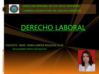 FACULTAD INTEGRAL DE LOS VALLE CRUCEÑOS
CARRERA LICENCIATURA EN CIENCIAS JURIDICAS

DERECHO LABORAL
DOCENTE: ABOG. MARIA JIMENA REQUENA SILES
VALLEGRANDE-SANTA CRUZ-BOLIVIA

 