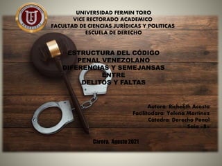 UNIVERSIDAD FERMIN TORO
VICE RECTORADO ACADEMICO
FACULTAD DE CIENCIAS JURÍDICAS Y POLITICAS
ESCUELA DE DERECHO
ESTRUCTURA DEL CÓDIGO
PENAL VENEZOLANO
DIFERENCIAS Y SEMEJANSAS
ENTRE
DELITOS Y FALTAS
Autora: Richelith Acosta
Facilitadora: Yelena Martínez
Cátedra: Derecho Penal
Saia «B»
Carora, Agosto 2021
 