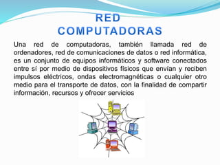 Una red de computadoras, también llamada red de
ordenadores, red de comunicaciones de datos o red informática,
es un conjunto de equipos informáticos y software conectados
entre sí por medio de dispositivos físicos que envían y reciben
impulsos eléctricos, ondas electromagnéticas o cualquier otro
medio para el transporte de datos, con la finalidad de compartir
información, recursos y ofrecer servicios
 