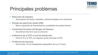 Principales problemas
 Reducción de Ingresos
•

Acumulación de deuda, subsidios y discontinuidades en la estructura

 Pérdida de patrimonio desde 2008
•

Menor capacidad de financiamiento y posibilidad de quiebra técnica

 Crecimiento Excesivo del Margen de Reserva
•

Se produce más de lo que se consume

 Ineficiencia de la CFE a nivel de distribución
•

Entre el 16 y el 18% y en algunas zonas cercanas al 30%

 Problemas de personal
•

Zona centro: 44 mil trabajadores despedidos de Luz y Fuerza

Fuente: “Inicio de la gestión 2012-2018, diagnóstico del director general”, Rojas Presentado a la Junta de Gobierno de la CFE. Febrero 2013 a
través de Milenio Diario.

10

 