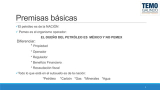 Premisas básicas
El petróleo es de la NACIÓN
 Pemex es el organismo operador:
EL DUEÑO DEL PETRÓLEO ES MÉXICO Y NO PEMEX

Diferenciar:
* Propiedad
* Operador
* Regulador
* Beneficio Financiero
* Recaudación fiscal
Todo lo que está en el subsuelo es de la nación:

*Petróleo

*Carbón *Gas *Minerales *Agua
5

 