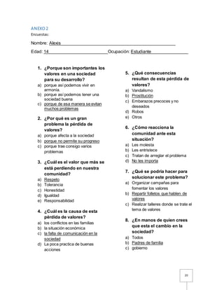 20
ANEXO 2
Encuestas:
Nombre: Alexis ______________________________________________
Edad: 14________________________Ocupación: Estudiante_______________
1. ¿Porque son importantes los
valores en una sociedad
para su desarrollo?
a) porque así podemos vivir en
armonía.
b) porque así podemos tener una
sociedad buena
c) porque de esa manera se evitan
muchos problemas
2. ¿Por qué es un gran
problema la pérdida de
valores?
a) porque afecta a la sociedad
b) porque no permite su progreso
c) porque trae consigo varios
problemas
3. ¿Cuál es el valor que más se
está perdiendo en nuestra
comunidad?
a) Respeto
b) Tolerancia
c) Honestidad
d) Igualdad
e) Responsabilidad
4. ¿Cuál es la causa de esta
pérdida de valores?
a) los conflictos en las familias
b) la situación económica
c) la falta de comunicación en la
sociedad
d) La poca practica de buenas
acciones
5. ¿Qué consecuencias
resultan de esta pérdida de
valores?
a) Vandalismo
b) Prostitución
c) Embarazos precoces y no
deseados
d) Robos
e) Otros
6. ¿Cómo reacciona la
comunidad ante esta
situación?
a) Les molesta
b) Les entristece
c) Tratan de arreglar el problema
d) No les importa
7. ¿Qué se podría hacer para
solucionar este problema?
a) Organizar campañas para
fomentar los valores
b) Repartir folletos que hablen de
valores
c) Realizar talleres donde se trate el
tema de valores
8. ¿En manos de quien crees
que esta el cambio en la
sociedad?
a) Todos
b) Padres de familia
c) gobierno
 