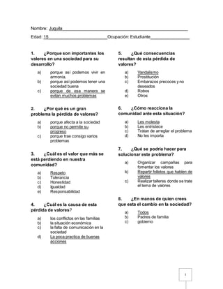 1
Nombre: Juquila___________________________________________________
Edad: 15________________________Ocupación: Estudiante________________
1. ¿Porque son importantes los
valores en una sociedad para su
desarrollo?
a) porque así podemos vivir en
armonía.
b) porque así podemos tener una
sociedad buena
c) porque de esa manera se
evitan muchos problemas
2. ¿Por qué es un gran
problema la pérdida de valores?
a) porque afecta a la sociedad
b) porque no permite su
progreso
c) porque trae consigo varios
problemas
3. ¿Cuál es el valor que más se
está perdiendo en nuestra
comunidad?
a) Respeto
b) Tolerancia
c) Honestidad
d) Igualdad
e) Responsabilidad
4. ¿Cuál es la causa de esta
pérdida de valores?
a) los conflictos en las familias
b) la situación económica
c) la falta de comunicación en la
sociedad
d) La poca practica de buenas
acciones
5. ¿Qué consecuencias
resultan de esta pérdida de
valores?
a) Vandalismo
b) Prostitución
c) Embarazos precoces y no
deseados
d) Robos
e) Otros
6. ¿Cómo reacciona la
comunidad ante esta situación?
a) Les molesta
b) Les entristece
c) Tratan de arreglar el problema
d) No les importa
7. ¿Qué se podría hacer para
solucionar este problema?
a) Organizar campañas para
fomentar los valores
b) Repartir folletos que hablen de
valores
c) Realizar talleres donde se trate
el tema de valores
8. ¿En manos de quien crees
que esta el cambio en la sociedad?
a) Todos
b) Padres de familia
c) gobierno
 