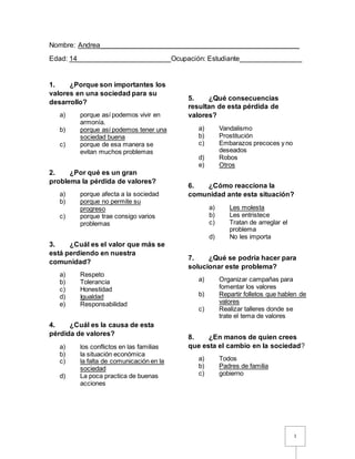 1
Nombre: Andrea___________________________________________________
Edad: 14________________________Ocupación: Estudiante________________
1. ¿Porque son importantes los
valores en una sociedad para su
desarrollo?
a) porque así podemos vivir en
armonía.
b) porque así podemos tener una
sociedad buena
c) porque de esa manera se
evitan muchos problemas
2. ¿Por qué es un gran
problema la pérdida de valores?
a) porque afecta a la sociedad
b) porque no permite su
progreso
c) porque trae consigo varios
problemas
3. ¿Cuál es el valor que más se
está perdiendo en nuestra
comunidad?
a) Respeto
b) Tolerancia
c) Honestidad
d) Igualdad
e) Responsabilidad
4. ¿Cuál es la causa de esta
pérdida de valores?
a) los conflictos en las familias
b) la situación económica
c) la falta de comunicación en la
sociedad
d) La poca practica de buenas
acciones
5. ¿Qué consecuencias
resultan de esta pérdida de
valores?
a) Vandalismo
b) Prostitución
c) Embarazos precoces y no
deseados
d) Robos
e) Otros
6. ¿Cómo reacciona la
comunidad ante esta situación?
a) Les molesta
b) Les entristece
c) Tratan de arreglar el
problema
d) No les importa
7. ¿Qué se podría hacer para
solucionar este problema?
a) Organizar campañas para
fomentar los valores
b) Repartir folletos que hablen de
valores
c) Realizar talleres donde se
trate el tema de valores
8. ¿En manos de quien crees
que esta el cambio en la sociedad?
a) Todos
b) Padres de familia
c) gobierno
 