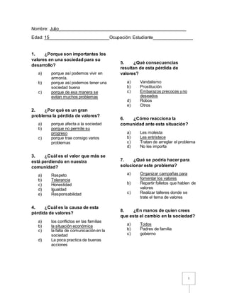 1
Nombre: Julio___________________________________________________
Edad: 15________________________Ocupación: Estudiante________________
1. ¿Porque son importantes los
valores en una sociedad para su
desarrollo?
a) porque así podemos vivir en
armonía.
b) porque así podemos tener una
sociedad buena
c) porque de esa manera se
evitan muchos problemas
2. ¿Por qué es un gran
problema la pérdida de valores?
a) porque afecta a la sociedad
b) porque no permite su
progreso
c) porque trae consigo varios
problemas
3. ¿Cuál es el valor que más se
está perdiendo en nuestra
comunidad?
a) Respeto
b) Tolerancia
c) Honestidad
d) Igualdad
e) Responsabilidad
4. ¿Cuál es la causa de esta
pérdida de valores?
a) los conflictos en las familias
b) la situación económica
c) la falta de comunicación en la
sociedad
d) La poca practica de buenas
acciones
5. ¿Qué consecuencias
resultan de esta pérdida de
valores?
a) Vandalismo
b) Prostitución
c) Embarazos precoces y no
deseados
d) Robos
e) Otros
6. ¿Cómo reacciona la
comunidad ante esta situación?
a) Les molesta
b) Les entristece
c) Tratan de arreglar el problema
d) No les importa
7. ¿Qué se podría hacer para
solucionar este problema?
a) Organizar campañas para
fomentar los valores
b) Repartir folletos que hablen de
valores
c) Realizar talleres donde se
trate el tema de valores
8. ¿En manos de quien crees
que esta el cambio en la sociedad?
a) Todos
b) Padres de familia
c) gobierno
 