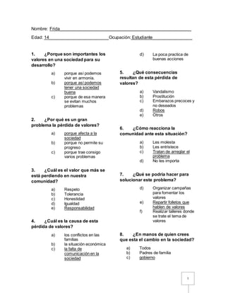 1
Nombre: Frida_____________________________________________________
Edad: 14________________________Ocupación: Estudiante________________
1. ¿Porque son importantes los
valores en una sociedad para su
desarrollo?
a) porque así podemos
vivir en armonía.
b) porque así podemos
tener una sociedad
buena
c) porque de esa manera
se evitan muchos
problemas
2. ¿Por qué es un gran
problema la pérdida de valores?
a) porque afecta a la
sociedad
b) porque no permite su
progreso
c) porque trae consigo
varios problemas
3. ¿Cuál es el valor que más se
está perdiendo en nuestra
comunidad?
a) Respeto
b) Tolerancia
c) Honestidad
d) Igualdad
e) Responsabilidad
4. ¿Cuál es la causa de esta
pérdida de valores?
a) los conflictos en las
familias
b) la situación económica
c) la falta de
comunicación en la
sociedad
d) La poca practica de
buenas acciones
5. ¿Qué consecuencias
resultan de esta pérdida de
valores?
a) Vandalismo
b) Prostitución
c) Embarazos precoces y
no deseados
d) Robos
e) Otros
6. ¿Cómo reacciona la
comunidad ante esta situación?
a) Les molesta
b) Les entristece
c) Tratan de arreglar el
problema
d) No les importa
7. ¿Qué se podría hacer para
solucionar este problema?
d) Organizar campañas
para fomentar los
valores
e) Repartir folletos que
hablen de valores
f) Realizar talleres donde
se trate el tema de
valores
8. ¿En manos de quien crees
que esta el cambio en la sociedad?
a) Todos
b) Padres de familia
c) gobierno
 
