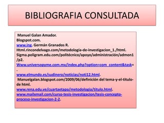 BIBLIOGRAFIA CONSULTADA
 Manuel Galan Amador.
Blogspot.com.
www.ing. Germán Granados R.
Html.rincondelvago.com/metodología-de-investigacion_1./html.
Sigma.poligram.edu.com/politécnico/apoyo/administración/admon1
/p2.
Www.universopyme.com.mx/index.php?option=com_content&task=
.
www.elmundo.es/sudinero/noticias/noti12.html.
 Manuelgalan.blogspot.com/2009/06/definición del tema-y-el-titulo-
de html.
www.rena.edu.ve/cuartaetapa/metodologia/titulo.html.
www.mailxmail.com/curso-tesis-investigacion/tesis-concepto-
proceso-investigacion-2-2.
 