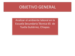 OBJETIVO GENERAL

Analizar el ambiente laboral en la
Escuela Secundaria Técnica 65 de
    Tuxtla Gutiérrez, Chiapas.
 