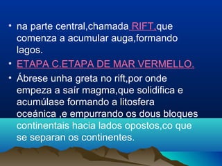• na parte central,chamada RIFT,que
comenza a acumular auga,formando
lagos.
• ETAPA C.ETAPA DE MAR VERMELLO.
• Ábrese unha greta no rift,por onde
empeza a saír magma,que solidifica e
acumúlase formando a litosfera
oceánica ,e empurrando os dous bloques
continentais hacia lados opostos,co que
se separan os continentes.
 