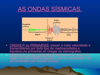 AS ONDAS SÍSMICAS.
• ONDAS P ou PRIMARIAS: viaxan a máis velocidade e
transmiítense por todo tipo de medios(sólidos e
líquidos).As primeiras en chegar ós sismógrafos.
• ONDAS S ou SECUNDARIAS.Recíbense en segundo
lugar nos sismógrafos.Viaxan a menor velocidade e só
se transmiten por medios sólidos.
 