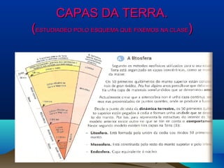 CAPAS DA TERRA.CAPAS DA TERRA.
((ESTUDIADEO POLO ESQUEMA QUE FIXEMOS NA CLASEESTUDIADEO POLO ESQUEMA QUE FIXEMOS NA CLASE))
 
