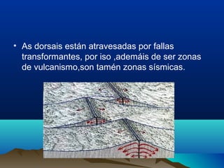 • As dorsais están atravesadas por fallas
transformantes, por iso ,ademáis de ser zonas
de vulcanismo,son tamén zonas sísmicas.
 
