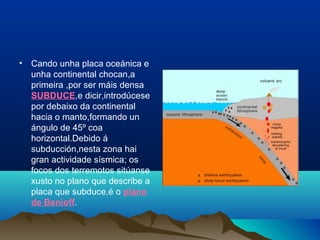 • Cando unha placa oceánica e
unha continental chocan,a
primeira ,por ser máis densa
SUBDUCE,e dicir,introdúcese
por debaixo da continental
hacia o manto,formando un
ángulo de 45º coa
horizontal.Debido á
subducción,nesta zona hai
gran actividade sísmica; os
focos dos terremotos sitúanse
xusto no plano que describe a
placa que subduce,é o plano
de Benioff.
 