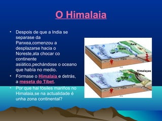 O Himalaia
• Despois de que a India se
separase da
Panxea,comenzou a
desplazarse hacia o
Noreste,ata chocar co
continente
asiático,pechándose o oceano
que había no medio.
• Fórmase o Himalaia e detrás,
a meseta do Tíbet.
• Por que hai fósiles mariños no
Himalaia,se na actualidade é
unha zona continental?
 