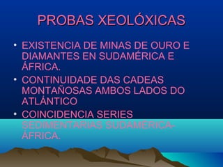 PROBAS XEOLÓXICASPROBAS XEOLÓXICAS
• EXISTENCIA DE MINAS DE OURO E
DIAMANTES EN SUDAMÉRICA E
ÁFRICA.
• CONTINUIDADE DAS CADEAS
MONTAÑOSAS AMBOS LADOS DO
ATLÁNTICO
• COINCIDENCIA SERIES
SEDIMENTARIAS SUDAMÉRICA-
ÁFRICA.
 