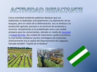 Como actividad resaltante podemos destacar que sus
habitantes se dedicaban principalmente a la explotación de los
bosques, pero en razón de la deforestación, hoy se dedican a la
producción agrícola, pecuaria y al comercio de productos y
servicios. Actualmente se ha estabilizado como una ciudad
próspera para los comerciantes, ubicada en medio de Asunción
y Ciudad del Este, dos ciudad de importante caudal económico,
lo cual facilita establecer puntos estratégicos de comercios.
Anteriormente era la capital del Departamento de Caaguazú,
llamada también "Capital de la Madera"
 