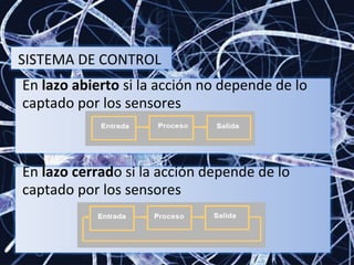 SISTEMA DE CONTROL En  lazo abierto  si la acción no depende de lo captado por los sensores En  lazo cerrad o si la acción depende de lo captado por los sensores 