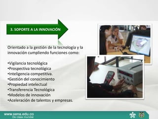 3. SOPORTE A LA INNOVACIÓN



Orientado a la gestión de la tecnología y la
innovación cumpliendo funciones como:

•Vigilancia tecnológica
•Prospectiva tecnológica
•Inteligencia competitiva.
•Gestión del conocimiento
•Propiedad intelectual
•Transferencia Tecnológica
•Modelos de innovación
•Aceleración de talentos y empresas.
 