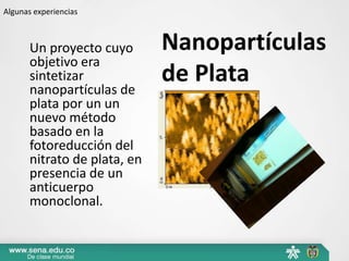 Algunas experiencias



       Un proyecto cuyo       Nanopartículas
       objetivo era
       sintetizar
       nanopartículas de
                              de Plata
       plata por un un
       nuevo método
       basado en la
       fotoreducción del
       nitrato de plata, en
       presencia de un
       anticuerpo
       monoclonal.
 