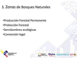 3. Zonas de Bosques Naturales


•Producción Forestal Permanente
•Protección Forestal
•Servidumbres ecológicas
•Conversión legal
 