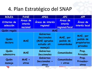 4. Plan Estratégico del SNAP
  ROLES          PANE          APGS              APC             APP
               Áreas de                       Áreas de
Criterios de              Áreas de interés                     Áreas de
                interés                        interés
 selección                    regional                       interés local
               nacional                     regional/local
Quién regula                             MAE
                             Gobiernos
                                                              MAE, por
                            Seccionales       MAE, por
   Quién                                                      pedido de
                MAE        (MAE aprueba       pedido de
  declara                                                    propietarios
                            estudio alt.     comunidades
                                                               privados
                              manejo)
   Quién                     Gobiernos                          Prop.
                MAE                          Comunidades
 administra                 Seccionales                        Privados
                             Gobiernos                          Prop.
  Quién         MAE +                        Comunidades
                           Seccionales +                      Privados+
  maneja        otros                          + otros
                               otros                            otros
 