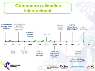 Gobernanza climática
                     internacional


I Conferencia Negociaciones                                                 Plan de      COP 15
Mundial sobre    para la
                                                                            Acción     “Acuerdo de        COP 17
   el Clima    Convención
                                                                            de Bali    Copenhague”       Sudáfrica
                sobre CC
                               CMNUCC
                               entra en               Rio + 10
                               vigencia




   1979     88     90     92     1994       1997       2002          2005    2007     08   2009     10      11       2012 ...



           Crea         Cumbre             COP 13                   Entra en                      COP 16
           IPCC         de Rio            Protocolo               vigencia el                     México
                                          de Kyoto               Protocolo de
                                                                     Kyoto
                                                                                            Primer periodo de
                                                                                           compromiso del PK
 