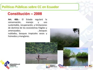 Políticas Públicas sobre CC en Ecuador
   Constitución – 2008
    Art. 406.- El Estado regulará la
    conservación,     manejo        y     uso
    sustentable, recuperación, y limitaciones
    de dominio de los ecosistemas frágiles y
    amenazados;                    …bosques
    nublados, bosques tropicales secos y
    húmedos y manglares.
 