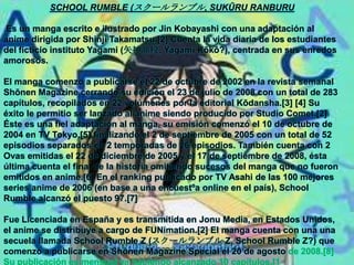 SCHOOL RUMBLE (スクールランブル, SUKŪRU RANBURU

Es un manga escrito e ilustrado por Jin Kobayashi con una adaptación al
anime dirigida por Shinji Takamatsu.[2] Cuenta la vida diaria de los estudiantes
del ficticio instituto Yagami (矢神高校, Yagami Kōkō?), centrada en sus enredos
amorosos.

El manga comenzó a publicarse el 22 de octubre de 2002 en la revista semanal
Shōnen Magazine cerrando su edición el 23 de julio de 2008 con un total de 283
capítulos, recopilados en 22 volúmenes por la editorial Kōdansha.[3] [4] Su
éxito le permitio ser lanzado al anime siendo producido por Studio Comet.[2]
Éste es una fiel adaptación al manga, su emisión comenzó el 10 de octubre de
2004 en TV Tokyo,[5] finalizando el 2 de septiembre de 2005 con un total de 52
episodios separados en 2 temporadas de 26 episodios. También cuenta con 2
Ovas emitidas el 22 de diciembre de 2005 y el 17 de septiembre de 2008, ésta
última cuenta el final de la historia omitiendo sucesos del manga que no fueron
emitidos en anime.[6] En el ranking publicado por TV Asahi de las 100 mejores
series anime de 2006 (en base a una encuestºa online en el país), School
Rumble alcanzó el puesto 97.[7]

Fue Licenciada en España y es transmitida en Jonu Media, en Estados Unidos,
el anime se distribuye a cargo de FUNimation.[2] El manga cuenta con una una
secuela llamada School Rumble Z (スクールランブル Z, School Rumble Z?) que
comenzó a publicarse en Shōnen Magazine Special el 20 de agosto de 2008.[8]
Su publicación es mensual ya habiendo alcanzado 10 capítulos.[1
 