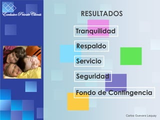 RESULTADOS

Tranquilidad

Respaldo

Servicio

Seguridad

Fondo de Contingencia


               Carlos Guevara Lequay
 