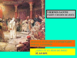 JESÚS ES JUZGADO Y CONDENADO POR EL SANEDRÍN ¿ERES TÚ EL HIJO DE DIOS? SÍ, LO SOY. VIERNES SANTO PASIÓN Y MUERTE DE JESÚS. 