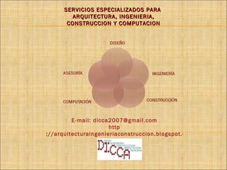 SERVICIOS ESPECIALIZADOS PARA  ARQUITECTURA, INGENIERIA, CONSTRUCCION Y COMPUTACION E-mail: dicca2007@gmail.com http ://arquitecturaingenieriaconstruccion.blogspot.com/ 