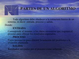 PARTES DE UN ALGORITMO
Todo algoritmo debe obedecer a la estructura básica de un
sistema, es decir: entrada, proceso y salida.
Donde:
ENTRADA
Corresponde al insumo, a los datos necesarios que requiere el
proceso para ofrecer los resultados esperados.
PROCESO
Pasos necesarios para obtener la solución del problema o la
situación planteada.
SALIDA
Resultados arrojados por el proceso como solución.

 
