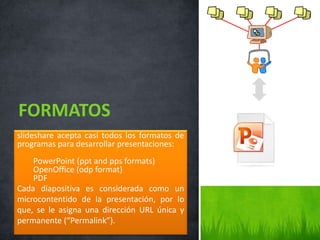 slideshare acepta casi todos los formatos de
programas para desarrollar presentaciones:
PowerPoint (ppt and pps formats)
OpenOffice (odp format)
PDF
Cada diapositiva es considerada como un
microcontentido de la presentación, por lo
que, se le asigna una dirección URL única y
permanente (“Permalink”).
FORMATOS
 