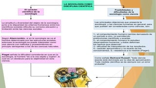 LA SOCIOLOGÍA COMO
DISCIPLINA CIENTÍFICA
El carácter
científico de la
sociología

Posibilidades y
dificultades de la
sociología como ciencia

La amplitud y diversidad del objeto de la sociología,
junto a la disparidad de criterios fronterizos entre los
científicos sociales dificulta su correcta ubicación y
limitación entre las ciencias sociales.

Las principales objeciones que presenta la
sociología, y las ciencias humanas en general, para
que puedan ser consideradas como ciencias, son:

Según Abercrombie, si en la sociología se ve al
hombre determinado por las estructuras sociales,
entonces la sociología se puede interpretar como
una ciencia con métodos y procedimientos en
principio semejantes a los de las ciencias naturales.

Piaget señala la dificultad consistente en que en la
sociología, el hombre "es a la vez objeto y sujeto", lo
cual es un obstáculo para la objetividad en esta
ciencia.

1.- el comportamiento humano cambia demasiado de
un período a otro, no permitiendo
predicciones científicas y exactas.
2.- el comportamiento humano lo estudian
observadores humanos, y éstos deforman
los hechos que observan.
3.- dificultad de interpretación de los resultados.
4.- carácter aproximativo y no exacto de los
conocimientos. 5.- resistencia a la medida (Piaget).

Como señala Bertrand Russell: "toda ciencia
exacta está dominada por la idea de aproximación.
Toda medida científica se da siempre con un error
probable".

 