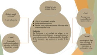 EXPLICACIÓN
SOCIOLÓGICA
¿Como?

¿Cuándo surge la
sociología?
En la área Industrial

¿Porqué?
Gracias a las
condiciones de madurez
adecuada: sensibilidad
y atención por lo demás

Abrir la sociología a la sociedad
Evitar su enclaustramiento
Explicar mejor y más claramente el objetivo y razón
de ser de esta disciplina
Definición:
La Sociología es el resultado de aplicar, en un
determinado contexto histórico, los procedimientos de
conocimientos propios del método científico al estudio
de los fenómenos que acontecen en la esfera de los
social.

Por un proceso
secuencial de los
saberes sociales.

¿ Para qué?
Aparece a corto plazo
para enfrentarse de
manera científica y
rigurosa con la
problemática social.

 