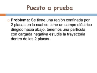 Puesto a prueba
 Problema: Se tiene una región confinada por
2 placas en la cual se tiene un campo eléctrico
dirigido hacia abajo, tenemos una partícula
con cargada negativa estudie la trayectoria
dentro de las 2 placas .
 