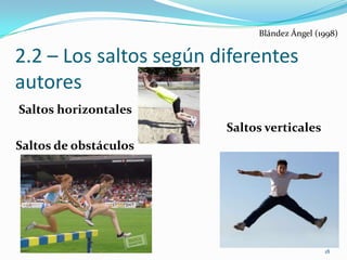 Blández Ángel (1998)


2.2 – Los saltos según diferentes
autores
Saltos horizontales
                        Saltos verticales
Saltos de obstáculos




                                             18
 