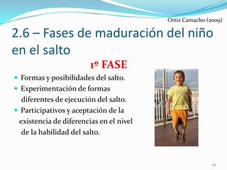 Ortiz Camacho (2009)

2.6 – Fases de maduración del niño
en el salto
                        1º FASE
 Formas y posibilidades del salto.
 Experimentación de formas
   diferentes de ejecución del salto.
 Participativos y aceptación de la
  existencia de diferencias en el nivel
   de la habilidad del salto.



                                                          22
 