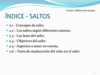 Fuente: Elaboración propia

ÍNDICE - SALTOS
 2.1 - Concepto de salto.
 2.2 - Los saltos según diferentes autores.
 2.3 - Las fases del salto.
 2.4 - Objetivos del salto.
 2.5 - Aspectos a tener en cuenta.
 2.6 – Fases de maduración del niño en el salto




                                                                 3
 