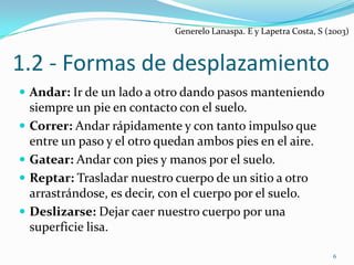 Generelo Lanaspa. E y Lapetra Costa, S (2003)



1.2 - Formas de desplazamiento
 Andar: Ir de un lado a otro dando pasos manteniendo
    siempre un pie en contacto con el suelo.
   Correr: Andar rápidamente y con tanto impulso que
    entre un paso y el otro quedan ambos pies en el aire.
   Gatear: Andar con pies y manos por el suelo.
   Reptar: Trasladar nuestro cuerpo de un sitio a otro
    arrastrándose, es decir, con el cuerpo por el suelo.
   Deslizarse: Dejar caer nuestro cuerpo por una
    superficie lisa.

                                                                      6
 