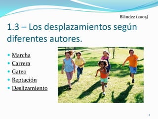 Blández (2005)

1.3 – Los desplazamientos según
diferentes autores.
 Marcha
 Carrera
 Gateo
 Reptación
 Deslizamiento



                                           8
 