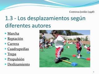 Contreras Jordán (1998)


1.3 - Los desplazamientos según
diferentes autores
 Marcha
 Reptación
 Carrera
 Cuadrupedias
 Trepa
 Propulsión
 Deslizamiento
                                             9
 